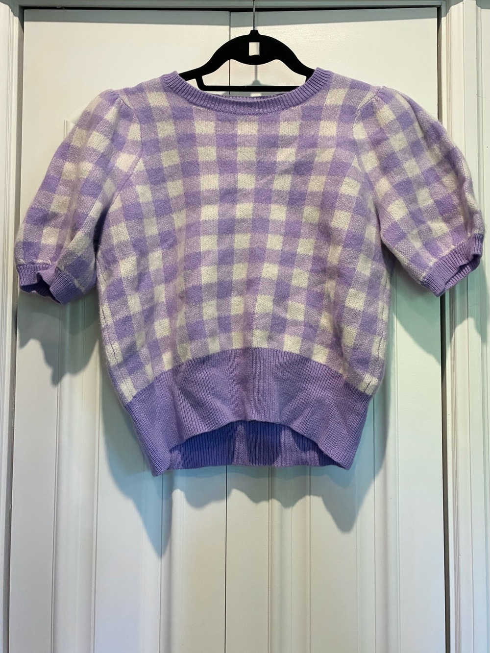 Cashmere Charter Club Luxury Sweater Purple White Check Short Sleeve Size Large